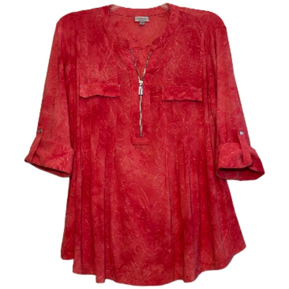 Avenue Tops - AVENUE Abstract Orange Coral Embroidered Zipper Henley Blouse Top Plus Sz 18/20
